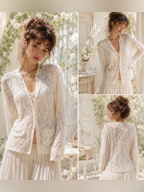 Talbots Sweaters - Talbots Y2K Boho Cottagecore Coquette Cream Crochet Open-Front Blazer Large